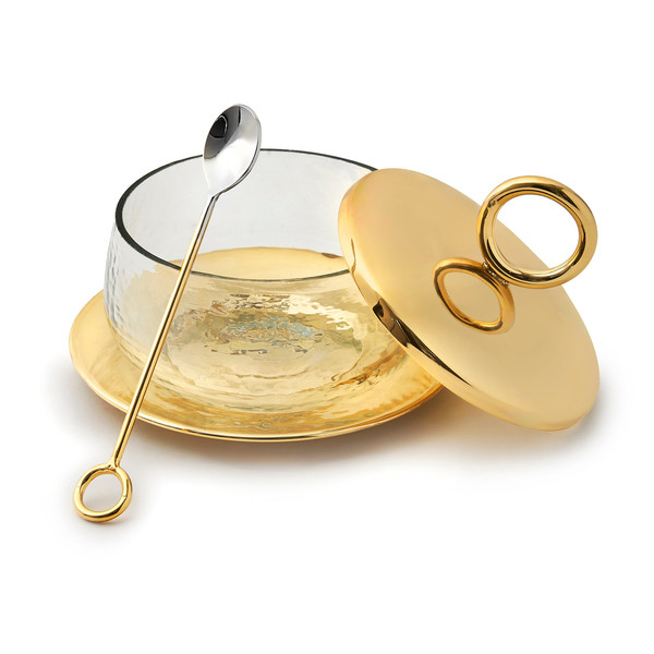 AGold sugar bowl with spoon ideal for a wedding favors and