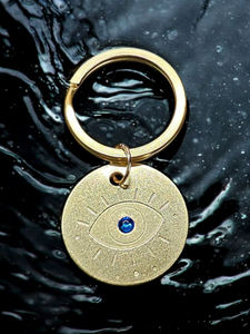 Evil Eye Protection Charm – Brass & Capri Blue Crystal Keychain