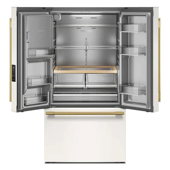 Kitchenaid® 30 Cu. Ft. 36-Inch French Door Refrigerator with Exterior Water and Ice Dispenser and Wood-Look Sliding Tray in Porcelain White KRFF436SPL