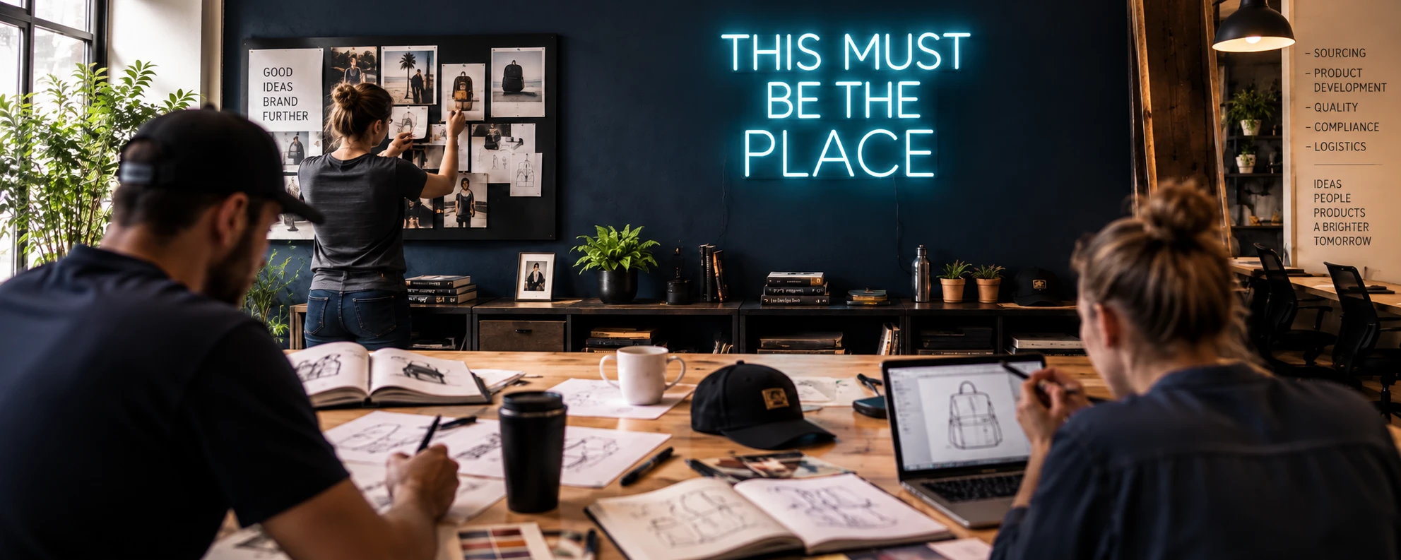 Creative studio with This Must Be The Place neon sign