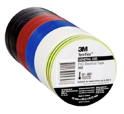 3M 3M160-RBOW TEMFLEX 160 PVC ELECTRICAL INSULATION TAPE 10 ROLLS RAINBOW PACK BLACK/RED/BLUE/WHITE/YELLOW-GREEN