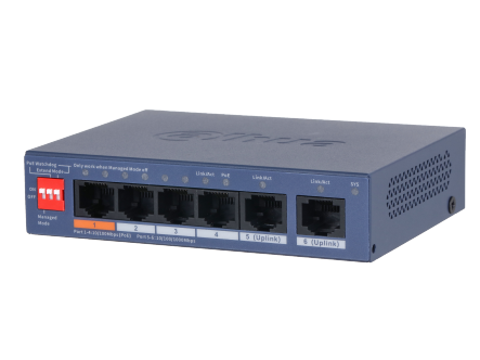 DH-CS4006-4ET-60-V2 4PORT ( 6P) SW 4x POE+ (1x Hi-PoE) PLUS 1x UPLINK(1G) MAX 60W 4.8Gbps 3.57Mpps L2 CLOUD MANAGED BLU METAL 54VDC EXT POE INC P/S