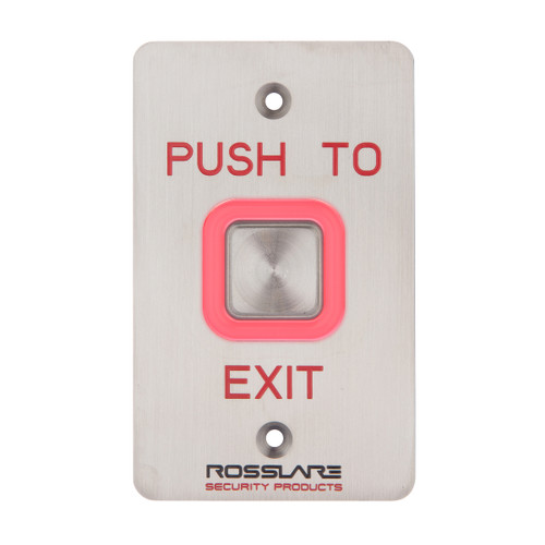 ROSSLARE PUSH BUTTON SILVER ILLUMINATED SQUARE BUTTON ON FLAT STANDARD STAINLESS STEEL PLATE WITH "PUSH TO EXIT" ENGRAVED IN RED IP65 SINGLE POLE/DOUBLE THROW (SP/DT) 12-24VDC DUAL LED RED/GREEN MOMENTARY 2 HOLES