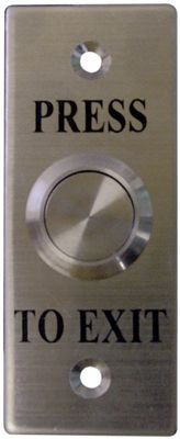 SMART PUSH BUTTON STAINLESS STEEL ON FLAT SLIM/ MULLION STAINLESS STEEL PLATE WITH "PRESS TO EXIT" ENGRAVED IN BLACK IP65 MOMENTARY 2 HOLES