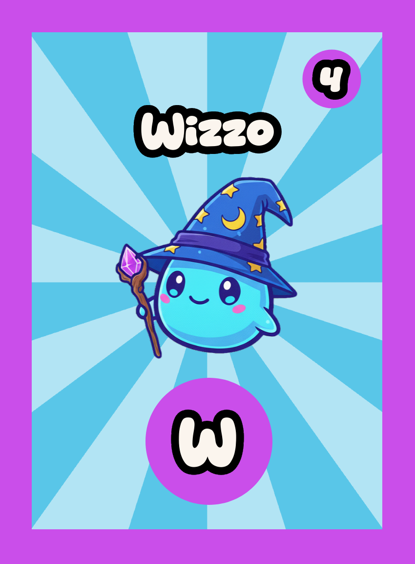 A single Momomini playing card. Wizzo is the letter W with score 4. "Pointy hat, twinkly stars, and a wand full of wiggly wonder." Normal rarity