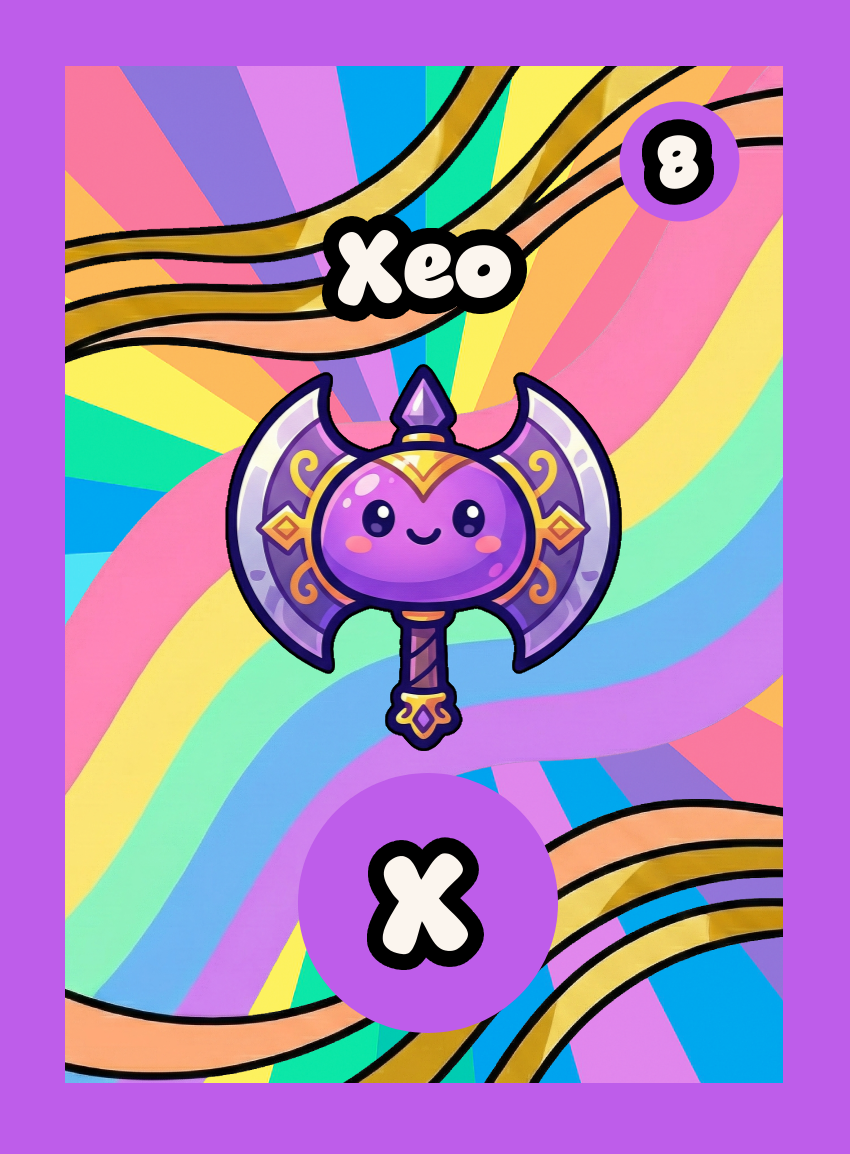 A single Momomini playing card. Xeo is the letter X with score 8. "A bright noble-gas pal who glows in funky neon flashes!" Rainbow Rare rarity