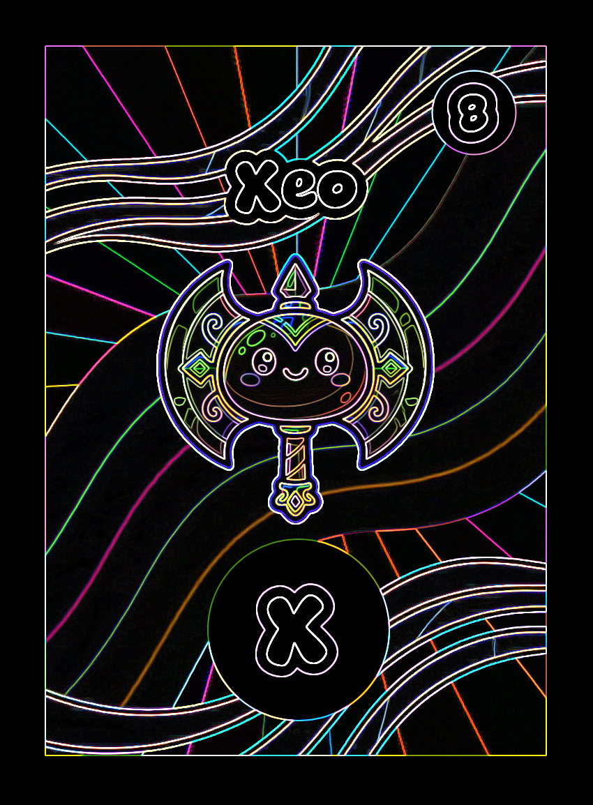 A single Momomini playing card. Xeo is the letter X with score 8. "A bright noble-gas pal who glows in funky neon flashes!" Black Neon Rainbow rarity