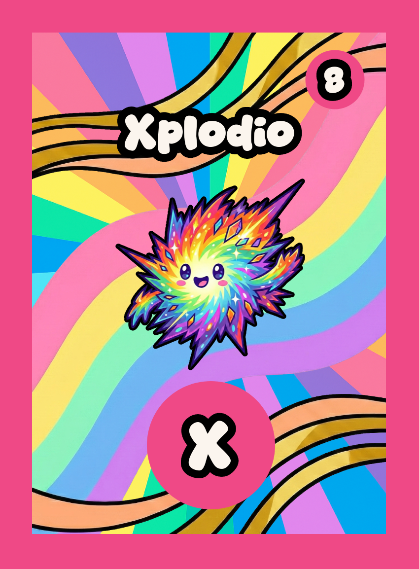 A single Momomini playing card. Xplodio is the letter X with score 8. "Boom! Pop! A confetti-burst of giggles and party sparkles." Rainbow Rare rarity
