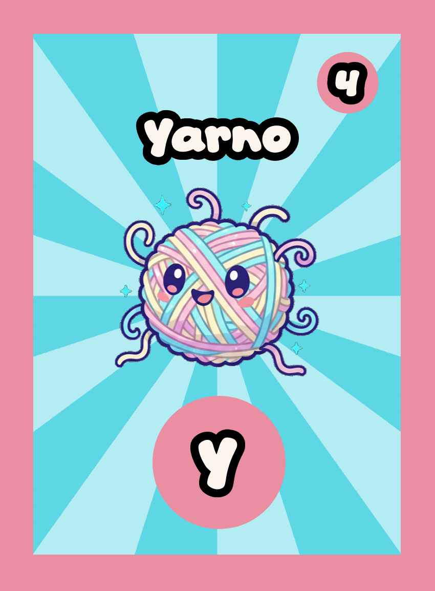 A single Momomini playing card. Yarno is the letter Y with score 4. "A cozy ball of wooly tangles, perfect for kitten chases." Normal rarity