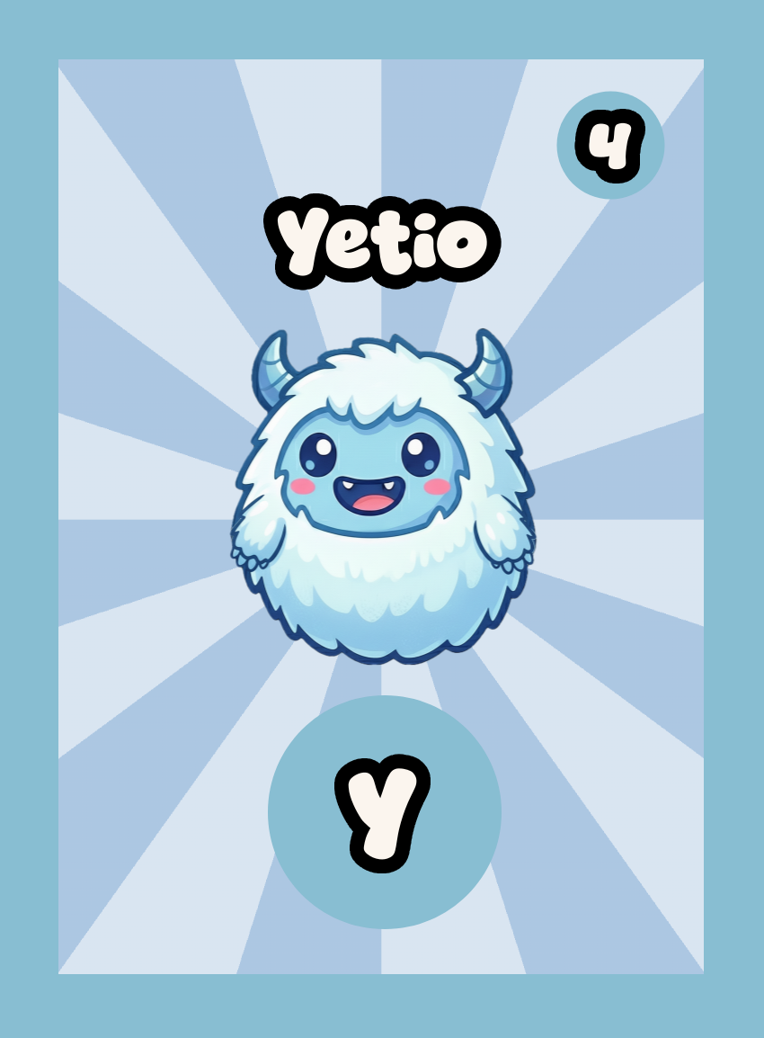 A single Momomini playing card. Yetio is the letter Y with score 4. "A fluffy snow-pal who stomps the gentlest big footprints." Normal rarity