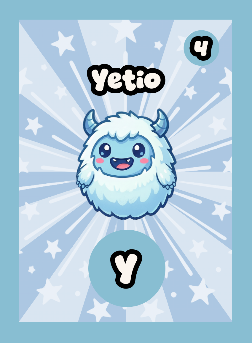 A single Momomini playing card. Yetio is the letter Y with score 4. "A fluffy snow-pal who stomps the gentlest big footprints." Starry rarity