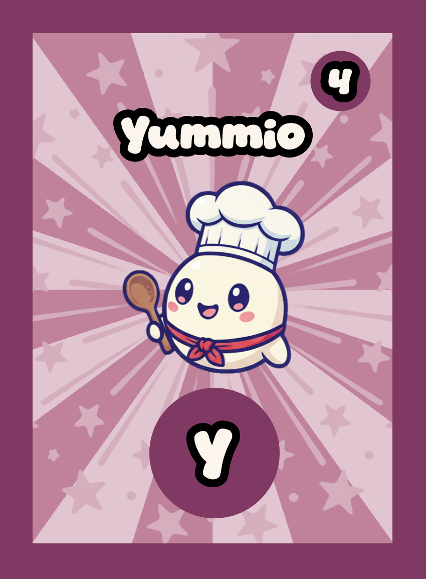 A single Momomini playing card. Yummio is the letter Y with score 4. "Lip-smackin' delicious! A treat-shaped buddy you can almost taste." Starry rarity