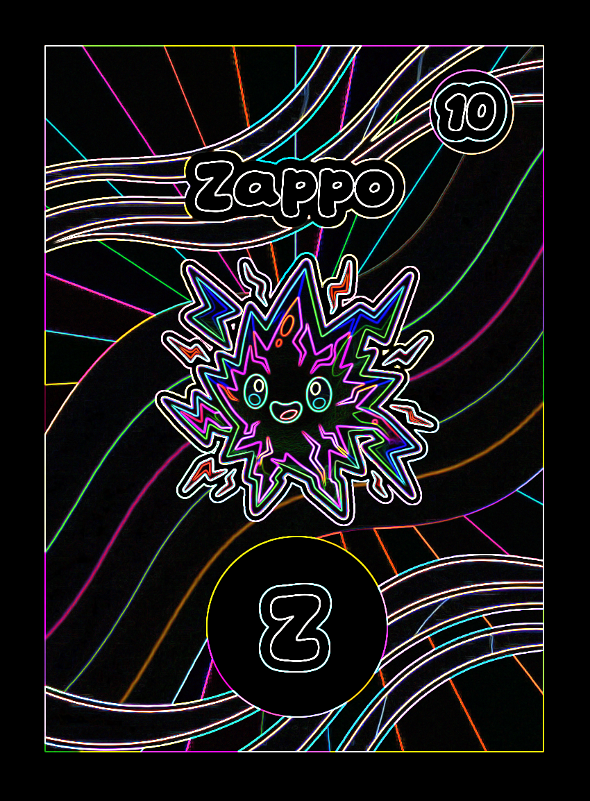A single Momomini playing card. Zappo is the letter Z with score 10. "Crackle-zip! A lightning-fast pal who tickles you with sparks." Black Neon Rainbow rarity