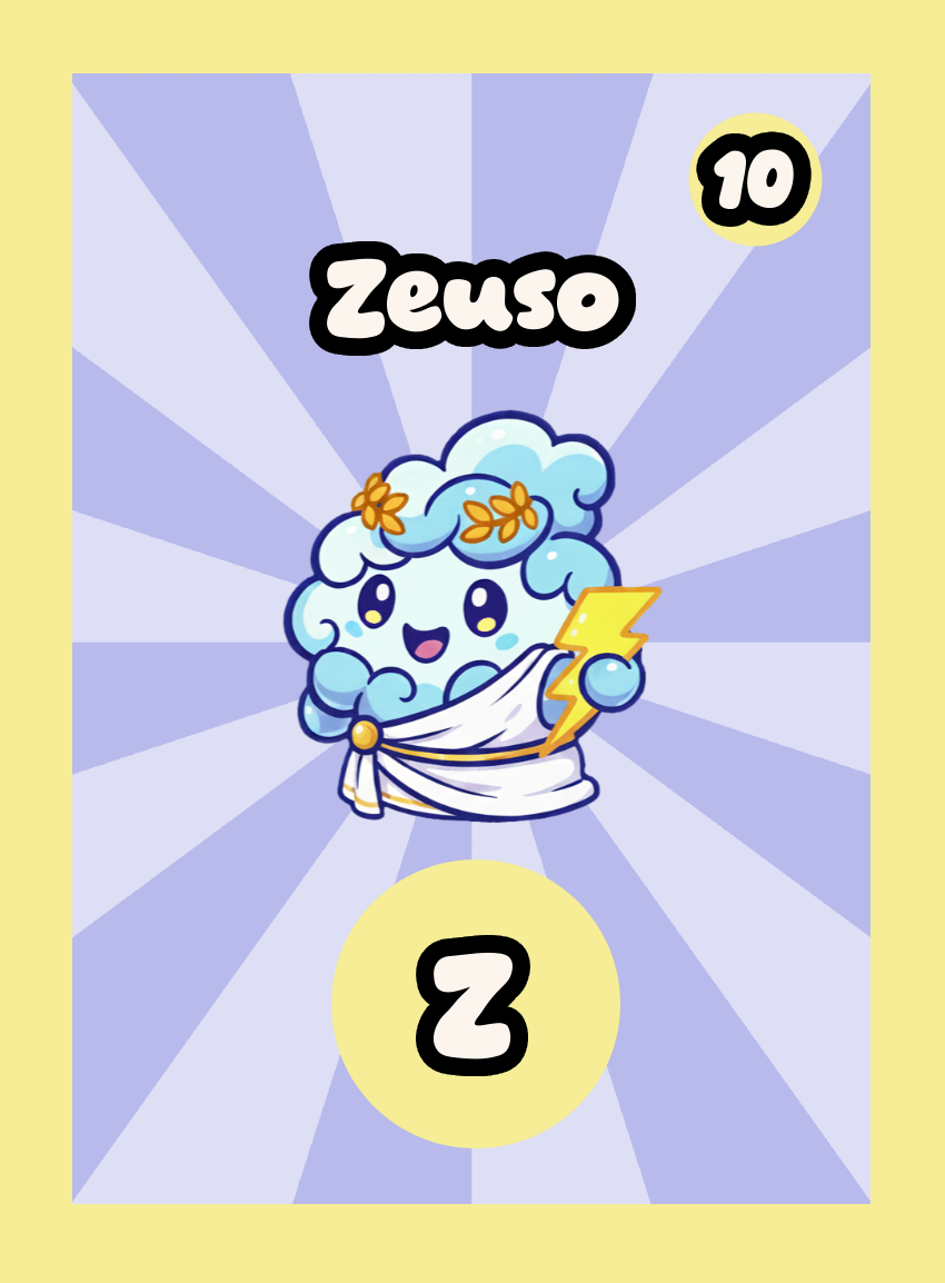 A single Momomini playing card. Zeuso is the letter Z with score 10. "A mini thunder-god who tosses tiny lightning bolts of fun!" Normal rarity