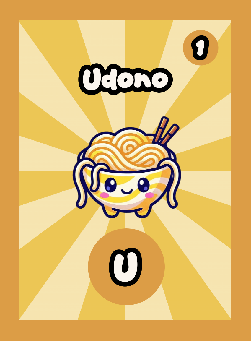 A single Momomini playing card. Udono is the letter U with score 1. "A noodle-y, slurp-tastic pal swimming in a warm broth bath." Normal rarity