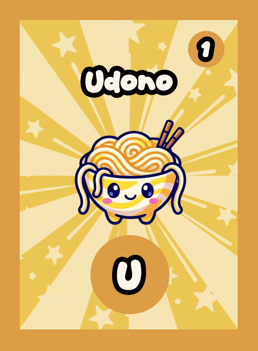A single Momomini playing card. Udono is the letter U with score 1. "A noodle-y, slurp-tastic pal swimming in a warm broth bath." Starry rarity