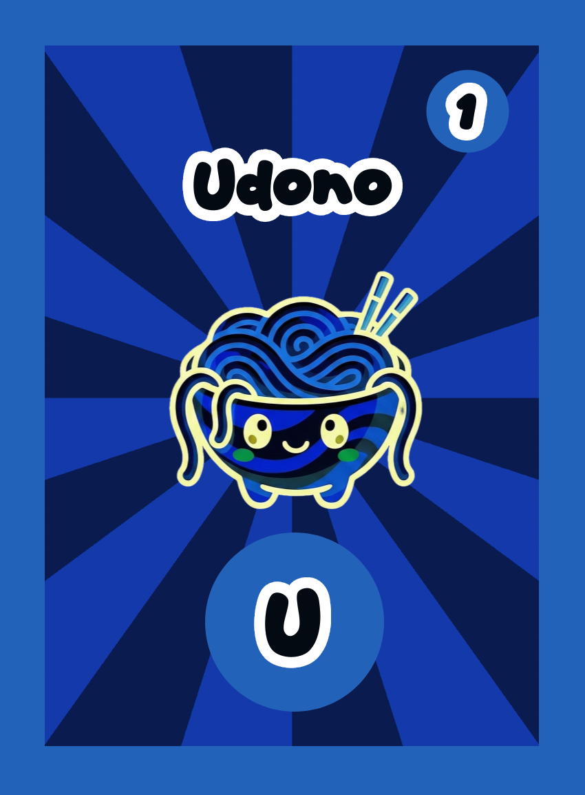 A single Momomini playing card. Udono is the letter U with score 1. "A noodle-y, slurp-tastic pal swimming in a warm broth bath." Inverted Normal rarity