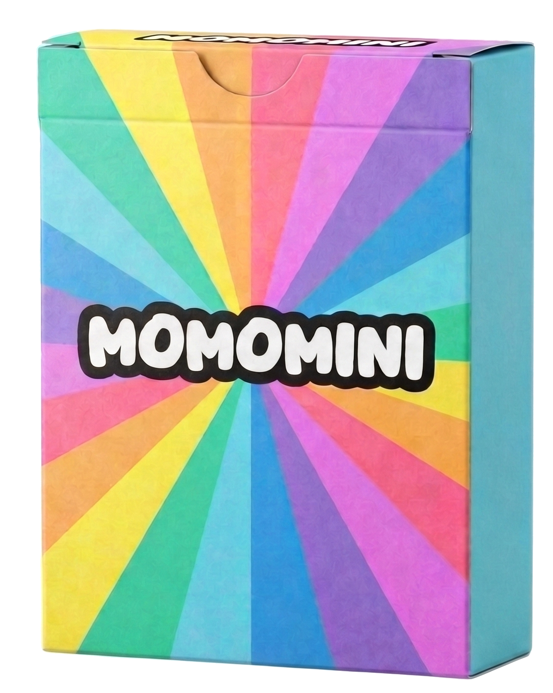A tuck box of 50 Momomini playing cards — a balanced distribution of letters with everything you need to start playing.