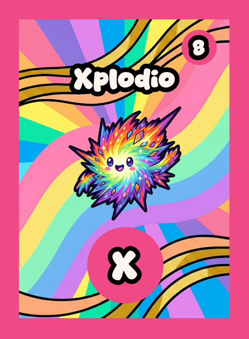 A single Momomini playing card. Xplodio is the letter X with score 8. "Boom! Pop! A confetti-burst of giggles and party sparkles." Rainbow Rare rarity