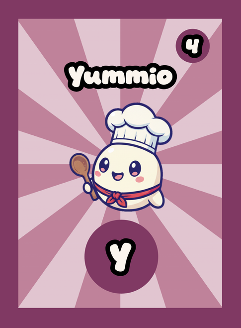 A single Momomini playing card. Yummio is the letter Y with score 4. "Lip-smackin' delicious! A treat-shaped buddy you can almost taste." Normal rarity