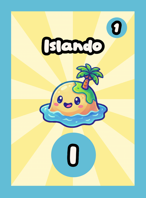 A single Momomini playing card. Islando is the letter I with score 1. "A tiny tropical pal with palm trees sprouting on its head." Normal rarity