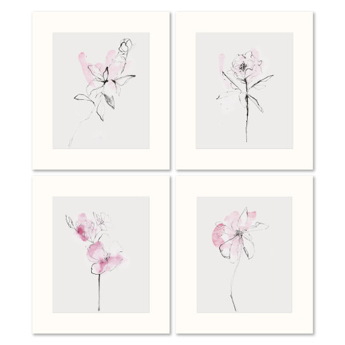 "Pink Flowers" Original Set of Four Watercolor Paintings by Yuki Osada