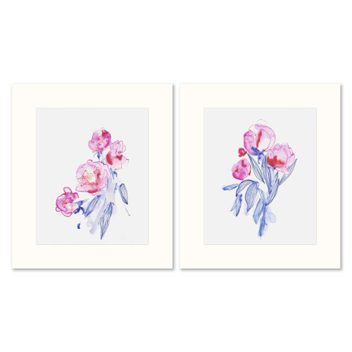 "Pink and Blue Flowers" Original Set of Two Watercolor Paintings by Yuki Osada