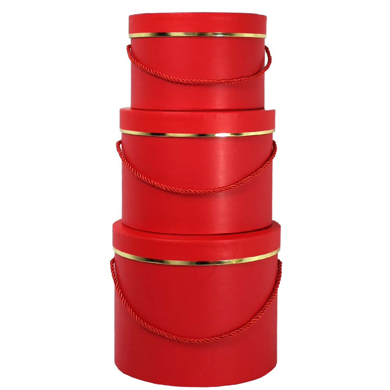 Red Round Floral Hat Box with Gold Accent - Set of 3