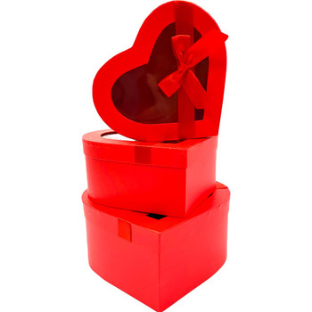 10" Red Floral Heart Box with Window - Set of 3 10" Red Floral Heart Box with Window - Set of 3