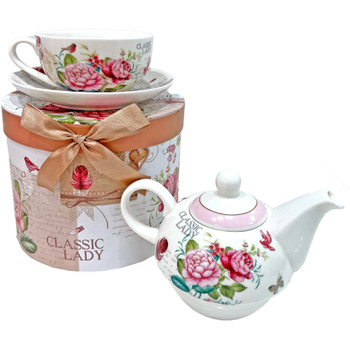 Floral Tea Pot with Cup and Saucer in Decorative Box - Gold