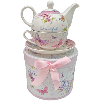 Floral Tea Pot with Cup and Saucer in Decorative Box - Pink Butterflies