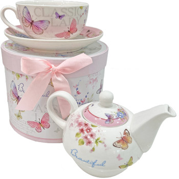 Floral Tea Pot with Cup and Saucer in Decorative Box - Pink Butterflies