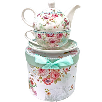 Floral Tea Pot with Cup and Saucer in Decorative Box - Mint Garden