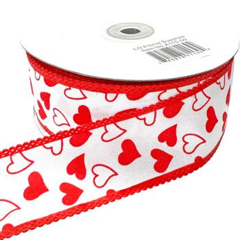 1.5" White and Red Hearts Satin Ribbon - 50 Yards