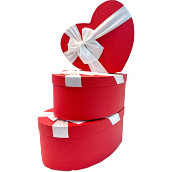 12" Red & White Floral Heart Gift Box with Ribbon - Set of 3