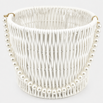 6.5" Decorative Woven Basket with Pearl Handle - White