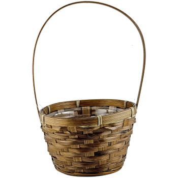 6" Brown Bamboo Floral Basket with Handle & Hard Plastic Liner