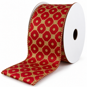 2.5" x 10 Yards Red Christmas Ribbon with Gold Geometric Lattice – Wired Edge