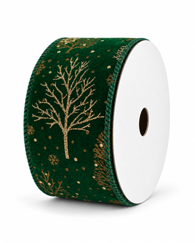 2.75" x 10 Yards Green Velvet Christmas Ribbon with Gold Winter Trees – Wired Edge