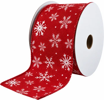 3.5" x 10 Yards Red Burlap Christmas Ribbon with White Snowflakes – Wired Edge