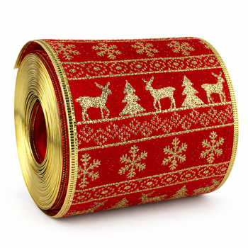 4.5" x 25 Yards Red & Gold Christmas Reindeer Ribbon – Wired Edge
