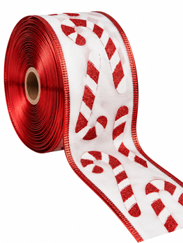 2.5" x 25 Yards White Christmas Candy Cane Ribbon with Red Glitter – Wired Edge