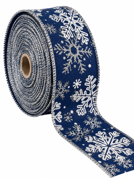2.5" x 25 Yards Blue & Silver Snowflake Burlap-Style Christmas Ribbon – Wired Edge