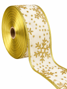 2.5" x 50 Yards Ivory Christmas Ribbon with Gold Snowflakes – Wired Edge