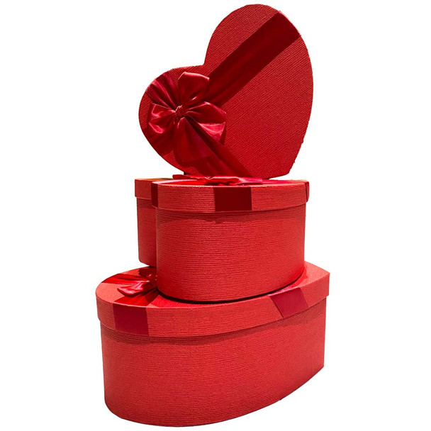 12" Red Textured Floral Heart Gift Box with Ribbon - Set of 3