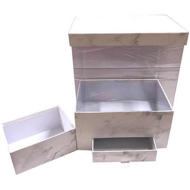 12" Marbled Floral Box with Drawer and Insert - White