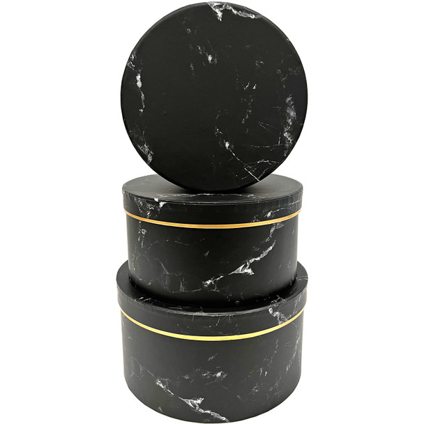 8.75" Marbled Floral Round Box - Set of 3 - Black