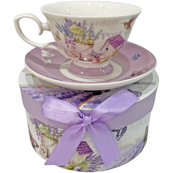 Floral Tea Cup and Saucer with Decorative Box - Lavender Garden