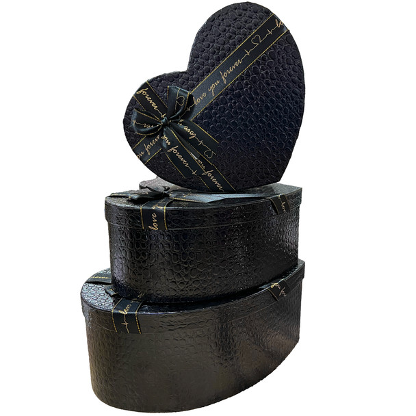 12" Alligator Print Heart Gift Box with Ribbon - Set of 3 - Black