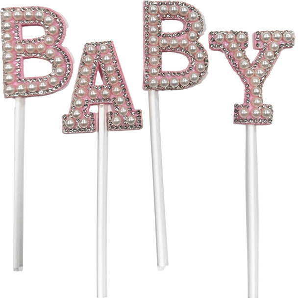 "Baby" Floral and Cake Topper with Pearls - Pink